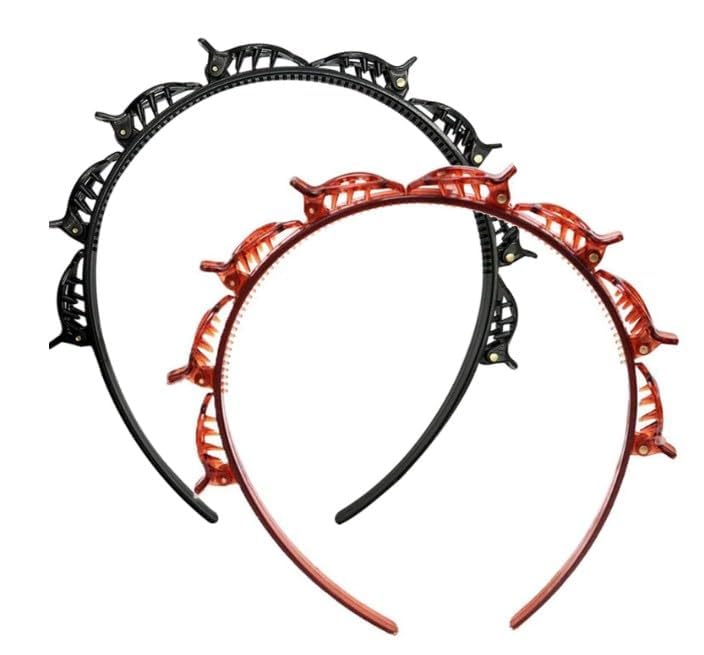 2Pcs Black and Brown Double Bangs Hairstyle Hairpin Headband With 8 Small Clips Women Double Layer Twist Plait Hair Tools Clip Toothed Hairs Bands Braid Tool Hair Accessories