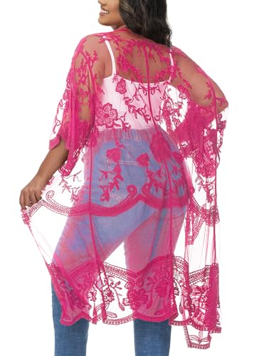 Image of Anna-Kaci Women's Plus Size Lace Cardigan Embroidered Long Kimono Dusters with Half Sleeves