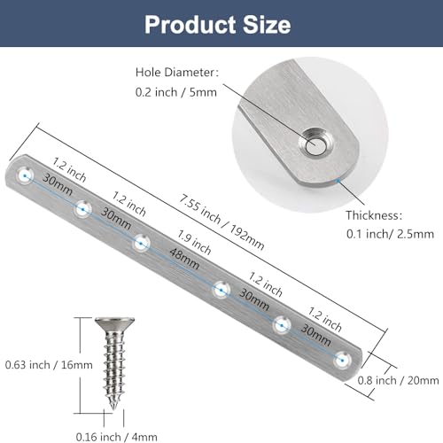 Image of 4 Pcs Straight Brackets 8 Inch Flat Brace Stainless Steel Straight Mending Plates for Wood, Heavy Duty Repair Fixing Joining Brackets with Screws