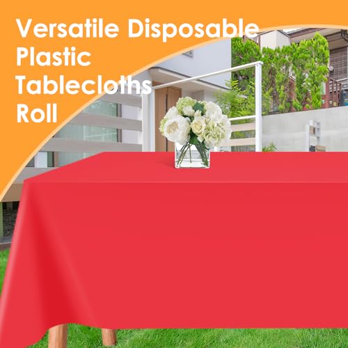 Image of tujol Red Disposable Plastic Table Cloth Roll 54 inch X 100', Plastic Table Cover with Cutter Box, Cut to Size Disposable Tablecloth for Parties