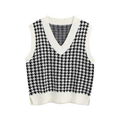 Image of WFHFNJW Women Houndstooth Pattern Knit Sweater Vest Sleeveless Loose V-Neck 90s Waistcoat Pullover Knitwear Top