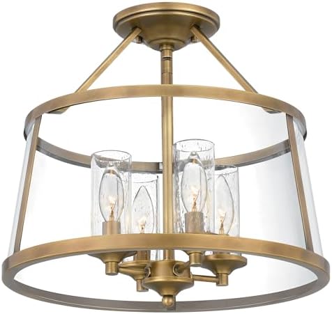 Quoizel Barlow Semi-Flush Mount Ceiling Light Fixture, 16 Inch 4-Light Weathered Brass Hanging Light, Dual Glass Shades, Drum Light for Hallway, Bedroom, Dining, Living Room, Farmhouse or Office