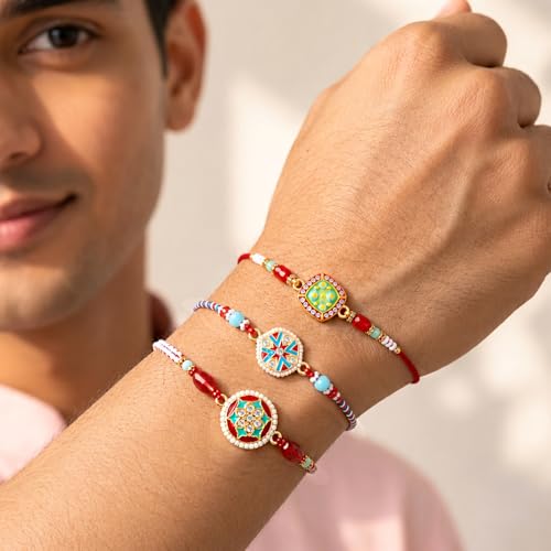 Image of Peora Rakhshabandhan Thread Rakhi for Brother Bhaiya | Crystals & Kundan Studded | Combo, Set of 3 | Rakhi Hamper with Roli Chawal & Greeting Card