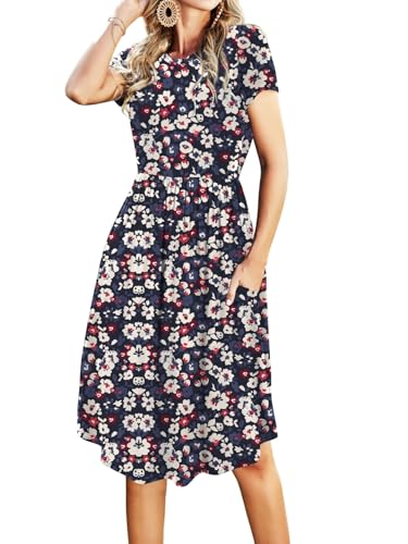 Image of Simier Fariry Womens Summer Modest Work Casual Midi Knee Dress Pocket Short Sleeve Teacher Outfits Spring Travel Clothes