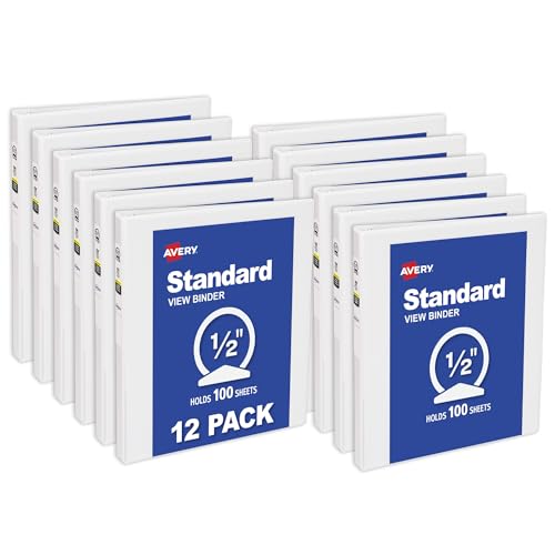 Image of Avery Standard View 3 Ring Binders, 0.5 inch Round Rings, 100-Sheet Capacity, 0.7 Inch Wide Spine, White Binders, Ideal for Lightweight Organization and Occasional Referencing (12-Pack of 05706)