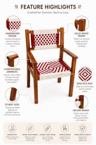 Image of Handcrafted Solid Sheesham Wood Accent Chair with Cotton Rope Weaving | Modern Wooden Arm Chair for Living Room, Bedroom & Balcony | Rustic Handmade Lounge Chair | Natural Finish (Red & White)