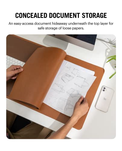 Image of DailyObjects Dart Large Premium Vegan Leather Desktop /Laptop Desk Mat for Work from Home /Office /Gaming | Cable Organiser & Hideway Storage | Extended Mousepad & Water-Resistant - Tan - Model - R2