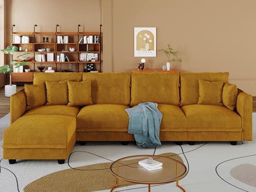 Image of LLappuil 112 inch Modular Sectional Sofa with Storage, L-Shaped 5-Seat Corduroy Couch with 4 Throw Pillows, Pet-Friendly Convertible Sofa for Small Living Room & Apartment, Skin-Friendly, Yellow