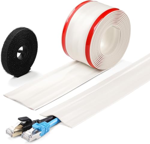 Image of ZhiYo 16.4ft Cord Cover for Wires on Floors or Walls, 2.2in Wide, Off White | Soft PVC cord hider with hook fastener for carpets. Easy to cut and install for extension cords, Ethernet & speaker cables