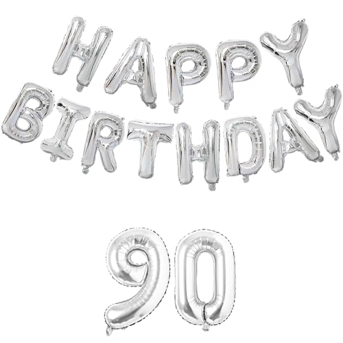 Image of Flyloons 90th Silver Colour Happy Birthday Foil Balloon Set for 90 Year Old Men Women | with Number Ninety | 13 Letters Reusable Happy Birthday Metallic Foil Balloons Decoration Kit, Pack of 15