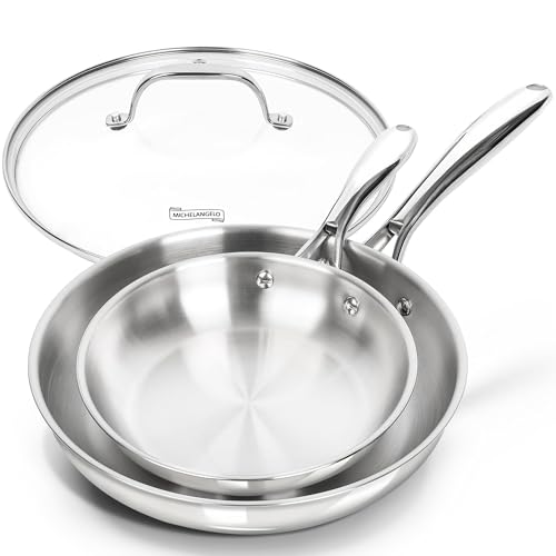 Image of MICHELANGELO Stainless Steel Frying Pan Set with Lid, 8" 10" Cooking Pan set with Triply Base, Stainless Steel Skillet with Ergonomic Handle, Induction Compatible