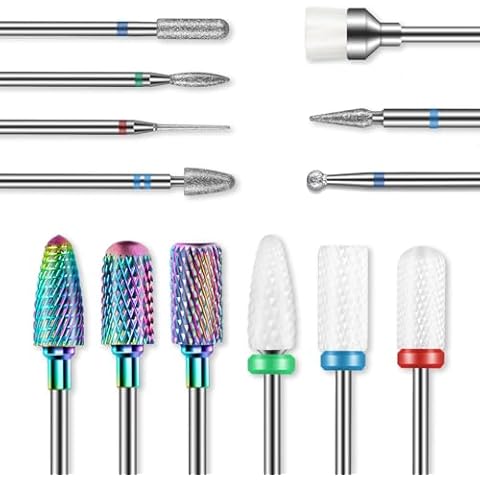 13PCS Nail Drill Bits Set, 3/32” Professional Drill Bits Nail Tech, Tungsten Carbide Diamond Ceramic Efile Nail Bits with Brush, Cuticle Remover Bits for Acrylic Gel Dip Powder Nail Manicure Cover