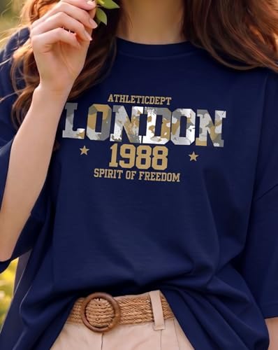 Image of Women's Typography Round Neck Cotton-Blend T-Shirts, Oversized Drop Shoulder Boho Style T-Shirt