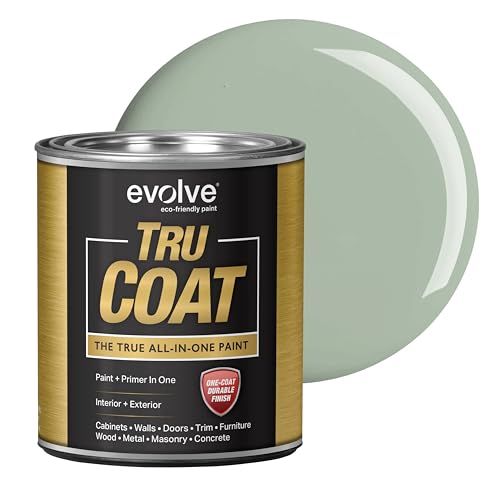 EVOLVE Tru Coat All-In-One Paint & Primer, Quart, Satin Sage Green – Interior/Exterior, One Coat Durable Multi-Surface Paint for Cabinets, Furniture, Walls & Doors