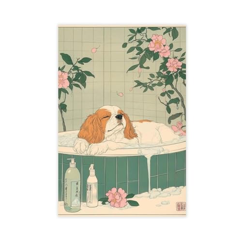 Toile Cavalier King Charles Ukiyoe decoration de bureau et chambre format 61x91 cm