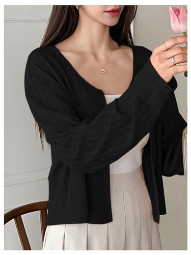 Image of MakeMeChic Women's Long Sleeve Button Open Front Lightweight Cropped Cardigan Sweaters Black Small