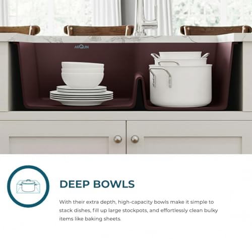 Image of ARQUIN Double Bowl Quartz Kitchen Sink 34x20x9 Inch Brown | Durable & Scratch-Resistant Sink | Undermount,Topmount | Including Coupling,Sink Connector,Waste Pipe & Fruit Washing Basket