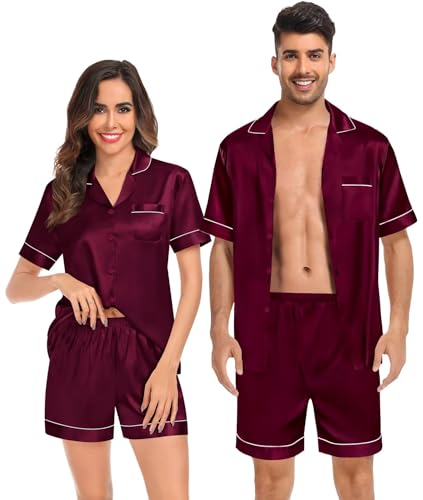 SWOMOG Couple Matching Pajamas Satin Pj Women'S Loungewear Mens Sleepwear Button Up Sleep Shorts Summer Lounge Sets Dark Wine Red2