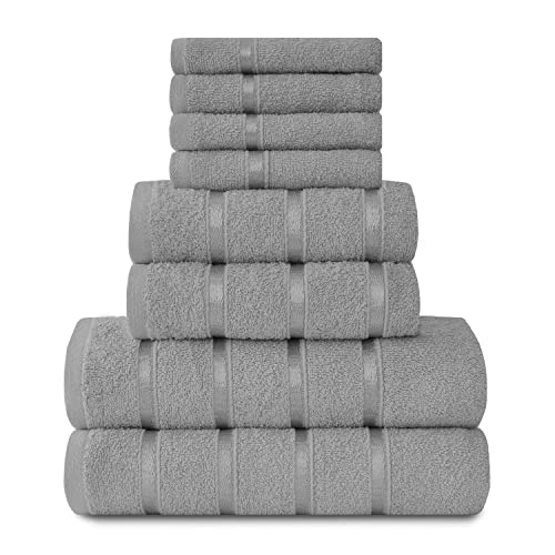 Juego de 8 Toallas de algodón Egipcio, de Secado rápido, Muy Absorbente, Color Plateado (4 Toallas de Cara + 2 Toallas de Mano + 2 Toallas de baño + 2 Toallas de baño)