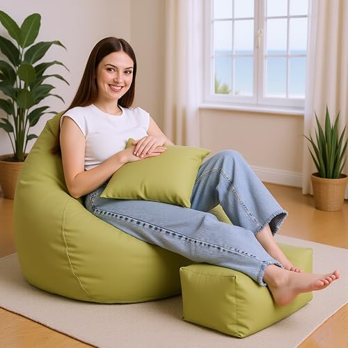 Image of 4XL Premium Leatherette Bean Bag with Rectangular Footrest & 16x16 Inch Cushion | High Density Beans Filled | Side Pocket & Easy to Carry Handle | 6 Months Warranty Color- (Olive Green, 4XL)