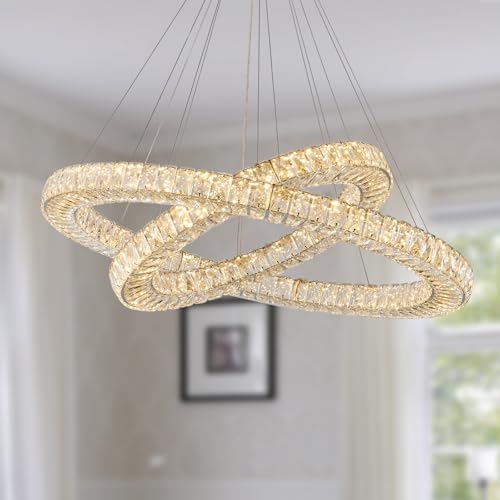 ROMYEAR Lustre de cristal moderno com 2 anéis redondos de LED para sala de estar, quarto, banheiro,