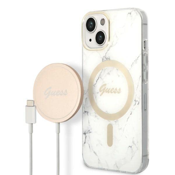 Guess Bundle GUBPP14MHMEACSH Coque et Chargeur iPhone 14 Plus 6,7" Blanc Hard Case Marble