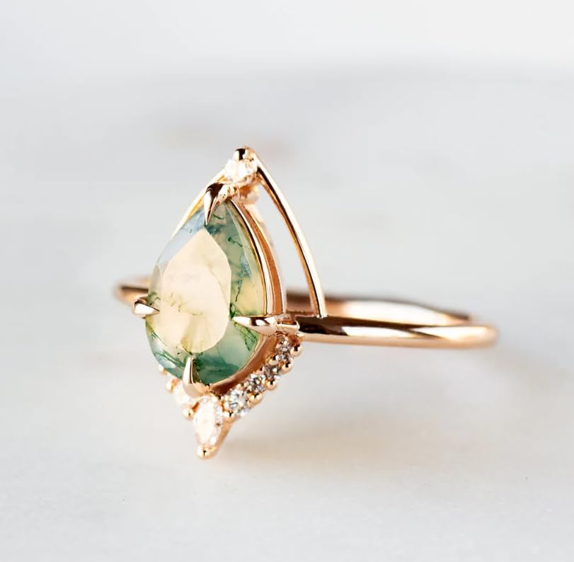Moss Agate Ring for Women 925 Sterling Silver 14K Gold Plated Natural Green Gemstone Engagement/Wedding/Promise Adjustable Ring Dainty Stackable Jewelry Gift for Her4