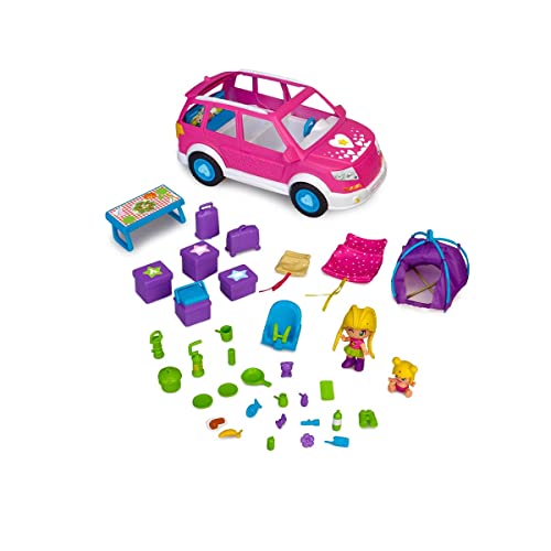 Pinypon - Coche Camping, Autocaravana de Juguete, vehículo Familiar de Verano para Acampar, con una minimuñeca y un bebé y Muchos Accesorios, para niñas y niños a Partir de 4 años, Famosa (700017015)