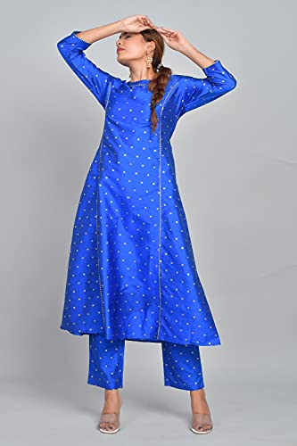 Image of Riara Art Silk Women Long Anarkali Kurti with Pant Polka Dot A-line Ladies Ethnic Wear Dress