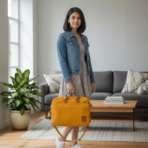 Image of DailyObjects 100% Cotton Canvas Commute Laptop Messenger Bag for Men & Women | Travel Shoulder Handbag With Trolley Sleeve | Metal Zip Closure | Leather Handles | Padded Laptop Compartment For 14 inch