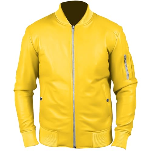 Men's 100% Real Lambskin Leather Yellow Bomber Jacket Stylish Flight Biker Jacket