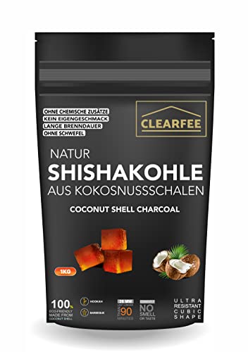 Clearfee Natur Shishakohle 1KG Zip Beutel | 100% Natur Kokoskohle | Organic Grillkohle Kokoskohle | ohne chemische Zusätze | Shisha Kohle BBQ-Kohle | 26mm Cube