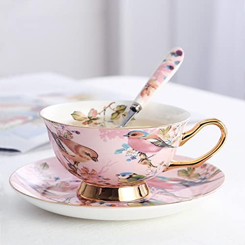 Miniatura 2 de Pink Bird - Juego de tazas de té de porcelana con platillo y cuchara, 7 onzas, tazas de capuchino y café con leche, regalo para el día de la madre