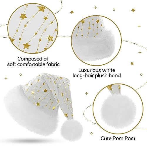 KONVINIT White Santa Hat for Adults,Fluffy Christmas Hat with Gold Stars,Warm Large Xmas Hat for Men and Women,white - Image 4