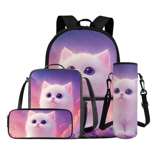 Gomyblomy Purple Space Cat Backpack for Girls 6-8 8-10 Lightweight 17 Inch Bookbag for Girls with Lunch Box Pencil Case Water Bottle Holder 4 in1 Set Kids School Bag for Elementary Satchel