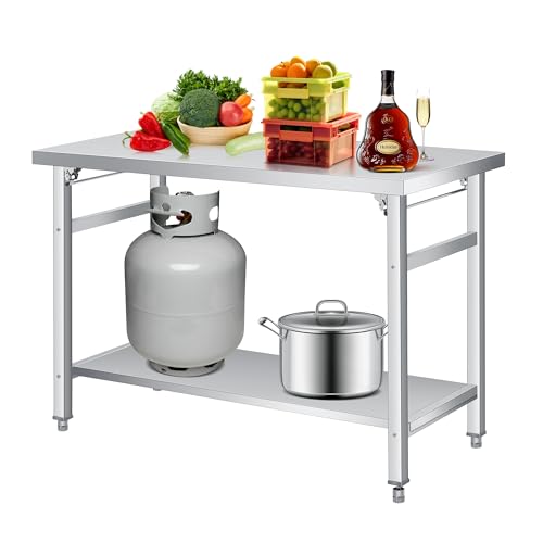Folding Stainless Steel Table (48x24 in) - Commercial Work Table with Undershelf, 920 lbs Load, Foldable Double-Tier Stainless Steel Workstation for Home, Kitchen, Restaurant, Garage, Camping, Outdoor