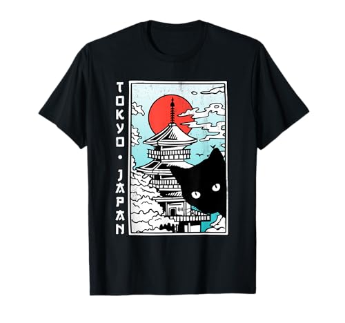 Tokyo Japan Shirt Cute Kawaii Japanese Temple Black Cat T-Shirt