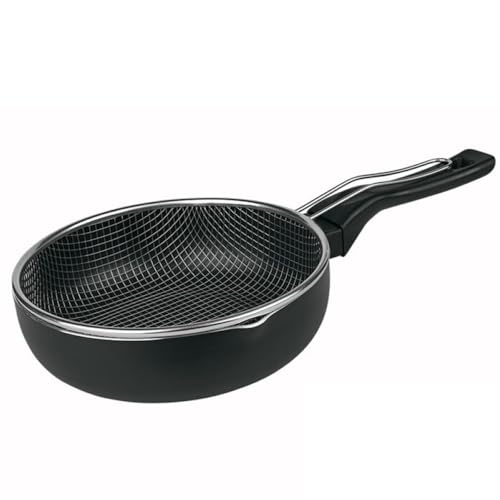 MGE - Sartén Freidora con Cestillo y Pico Vertedor - Inducción Rápida - Sartén para Freír Honda - Wok Profundo - Negra - 26 cm