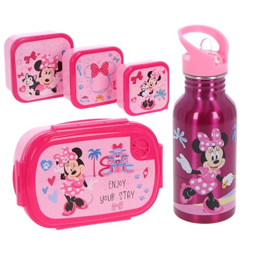 Minnie Mouse Coffret Déjeuner Enfant – Set 5 Pièces avec Boîte à Lunch, 3 Boîtes Snack & Gourde – Rose – Idéal pour l’École, la Crèche & les...