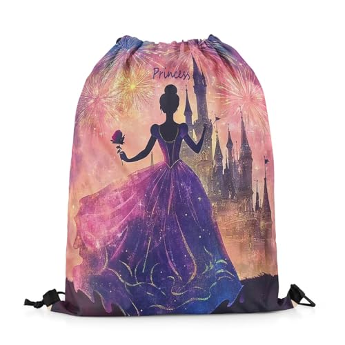 Image of jejeloiu Princess Drawstring Backpack 13x15.7inch Castle Print Waterproof Gym Drawstring Bags Romantic Sports String Backpack Beach Swim Travel Bag Sackpack