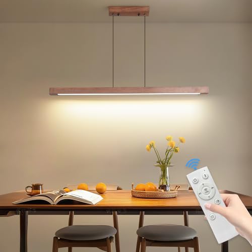SHINELUX Dimmable Wood Pendant Light 3000k 4500k 6500k, Linear LED Ceiling Light with Remote Control for Dining Room, Living Room, Hallway