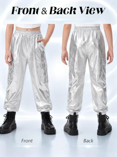 Image of Rolanko Girls Shiny Metallic Cargo Pants, Sparkle Jogger Pants for Girls Hip Hop Dance Streetwear Cargo Trousers 6-15 Years