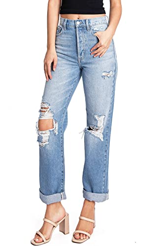 Cello Jeans Women's Juniors High Rise Straight Leg Denim Dad Jeans (9, Light Denim)
