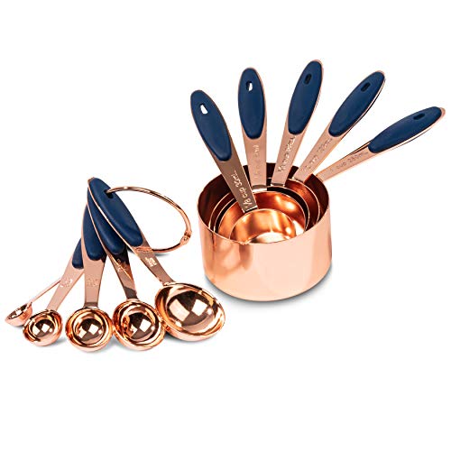 Akurn 10-Piece Measuring Cup and Spoon Set Includes 5 Measuring Cups and 5 Measuring Spoons Copper-Plated Stainless Steel Measuring Cups and Spoons with Non-Slip Silicone Grips Dishwasher Safe