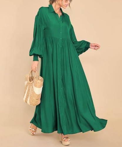 Image of chouyatou Women's Casual Long Sleeve Button Down Shirt Dress Elegant Pleated Flowy Swing Maxi Dress