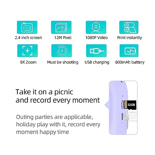 3-em-1 Câmera instantânea multifuncional Câmera de impressão instantânea Childeren Tela IPS de 2,4 p