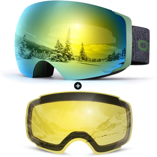 Odoland Unisex Ski Goggles for Men, Women and Boys - Frameless Snowboard Goggles With Magnetic Interchangeable Lens, UV Protection, Anti-fog, Helmet Compatible for Skiing Amber (sunny)+Yello