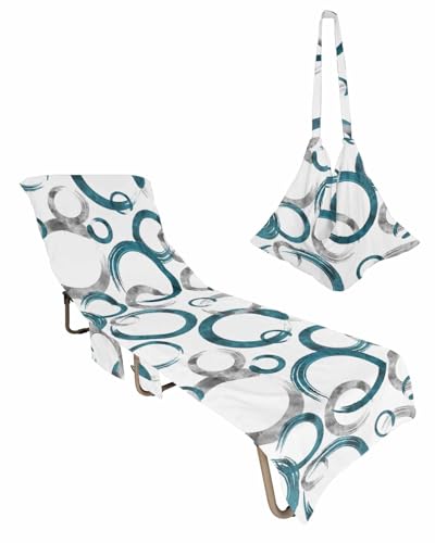 Geometric Teal Beach Chair Towel Covers for Chaise Lounge with Side Pocket, Soft Plush Pool Towels Cover for Patio Sunbathing Outdoor 29''x85'' Modern Abstract Painting Circles Gray