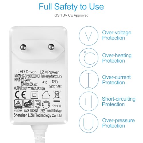 24V 1A Netzteil für LED Streifen, 24W Transformator/Trafo AC 200-240V zu DC 24V Treiberkonverter Adapter mit 5ft/1,5m Kabel Stromversorgung, 5,5 x 2,1mm Buchse, EU Stecker, GS TÜV CE Zulassung