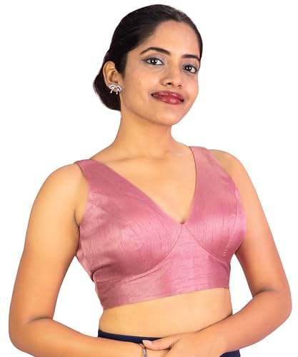 Image of FIGURE'S DESIGNER Women's Dupion Raw Silk Sleeveless V Neck Sabyasachi Cut Readymade Saree Blouse Padded Stitched S4